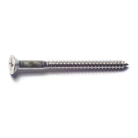 Wood Screw, #12, 3 in, Plain 18-8 Stainless Steel Flat Head Phillips Drive, 4 PK
